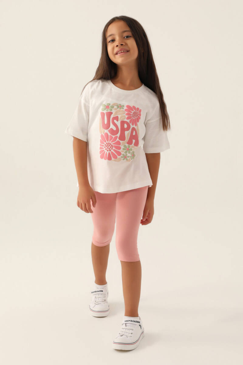 U.S. Polo Assn. Kız Çocuk Bisiklet Yaka Pigment Baskılı Yazlık Regular Fit Beyaz Kapri Takım US1800-C-V2 - 3