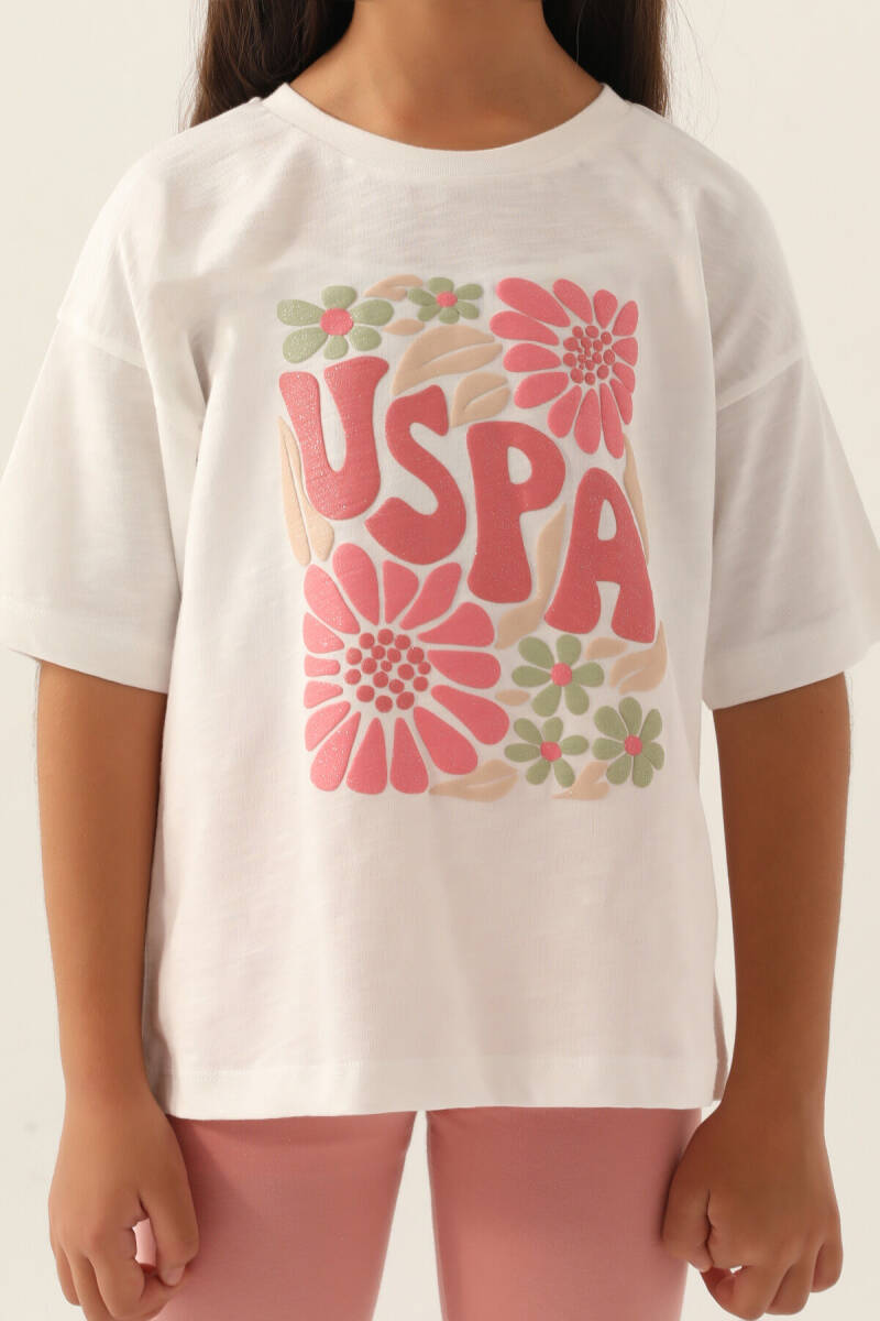 U.S. Polo Assn. Kız Çocuk Bisiklet Yaka Pigment Baskılı Yazlık Regular Fit Beyaz Kapri Takım US1800-C-V2 - 4
