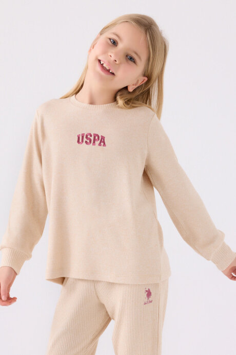 U.S. Polo Assn. Kız Çocuk Bisiklet Yaka Pigment Baskılı Kışlık Regular Fit Krem Pijama Takımı US1987-C-V1 (1)