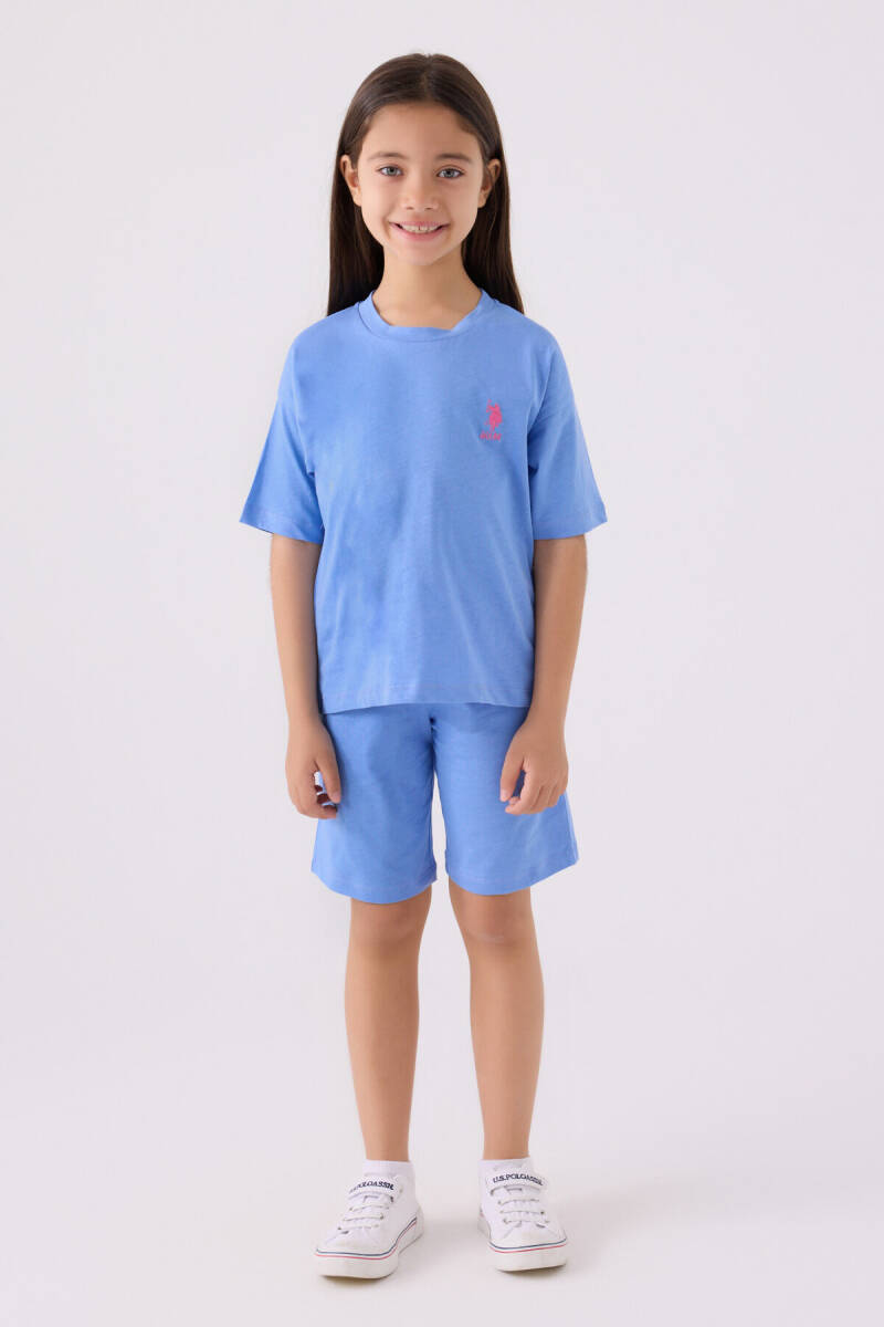 U.S. Polo Assn. Kız Çocuk Pamuklu Bisiklet Yaka Sargı Nakışlı Yazlık Regular Fit Mavi Bermuda Takım US1848-C-V51 - 1