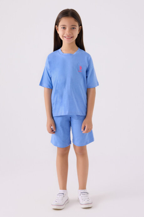 U.S. Polo Assn. Kız Çocuk Bisiklet Yaka Sargı Nakışlı Yazlık Regular Fit Mavi Bermuda Takım US1848-C-V51 - 1