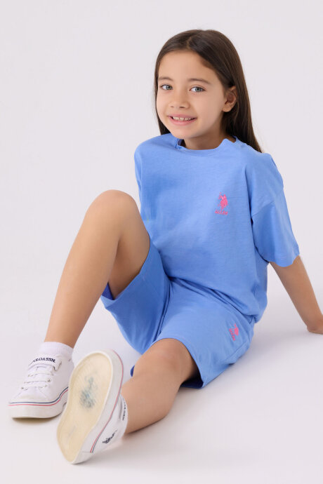 U.S. Polo Assn. Kız Çocuk Bisiklet Yaka Sargı Nakışlı Yazlık Regular Fit Mavi Bermuda Takım US1848-C-V51 - 3