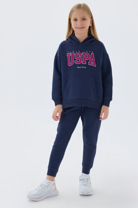 U.S. Polo Assn. Kız Çocuk Pamuklu Kapüşonlu Süzene Nakışlı Kışlık Regular Fit Mavi Eşofman Takımı US1601-C-V2
