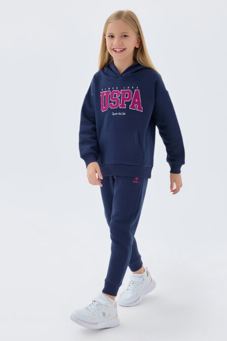 U.S. Polo Assn. Kız Çocuk Pamuklu Kapüşonlu Süzene Nakışlı Kışlık Regular Fit Mavi Eşofman Takımı US1601-C-V2 (1)