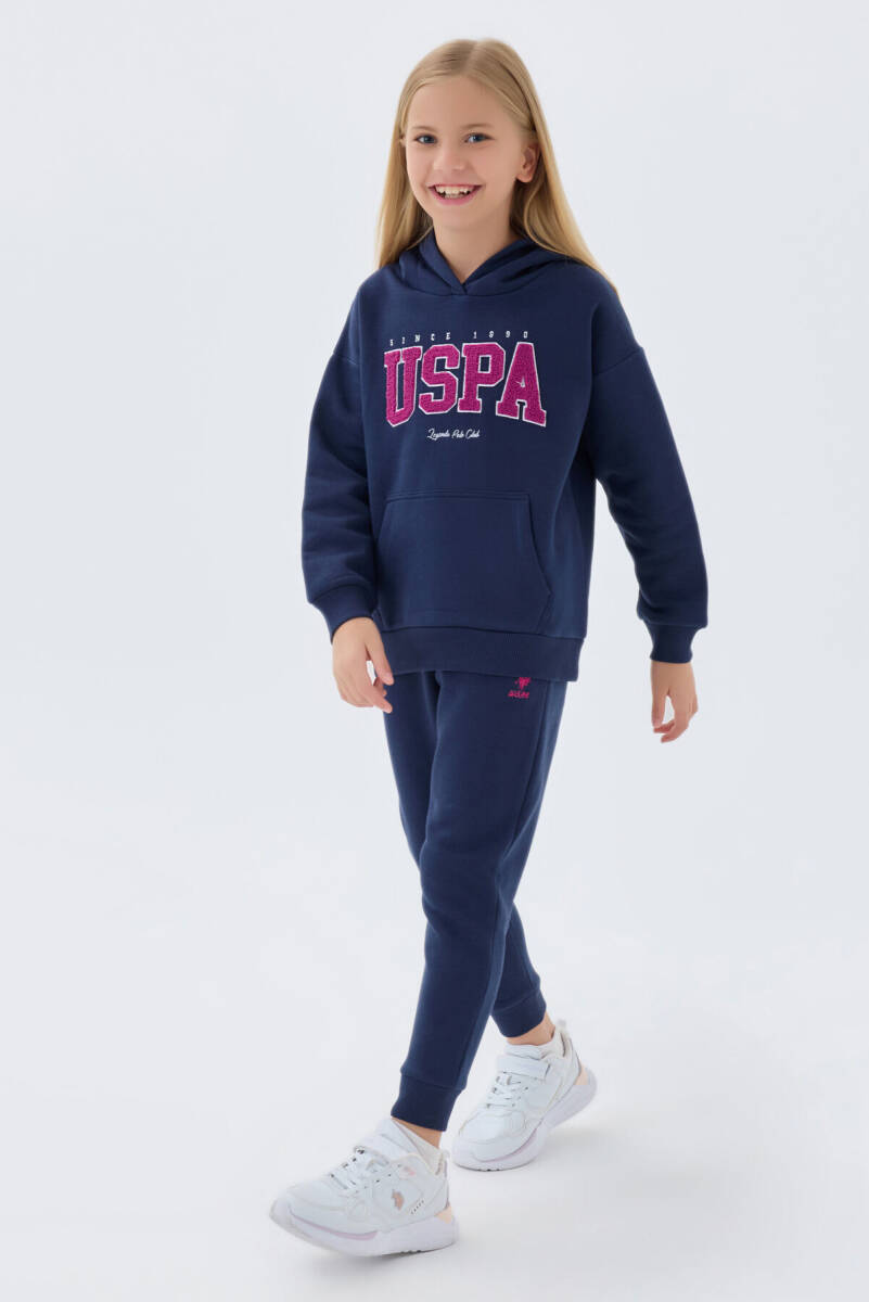 U.S. Polo Assn. Kız Çocuk Pamuklu Kapüşonlu Süzene Nakışlı Kışlık Regular Fit Mavi Eşofman Takımı US1601-C-V2 - 2