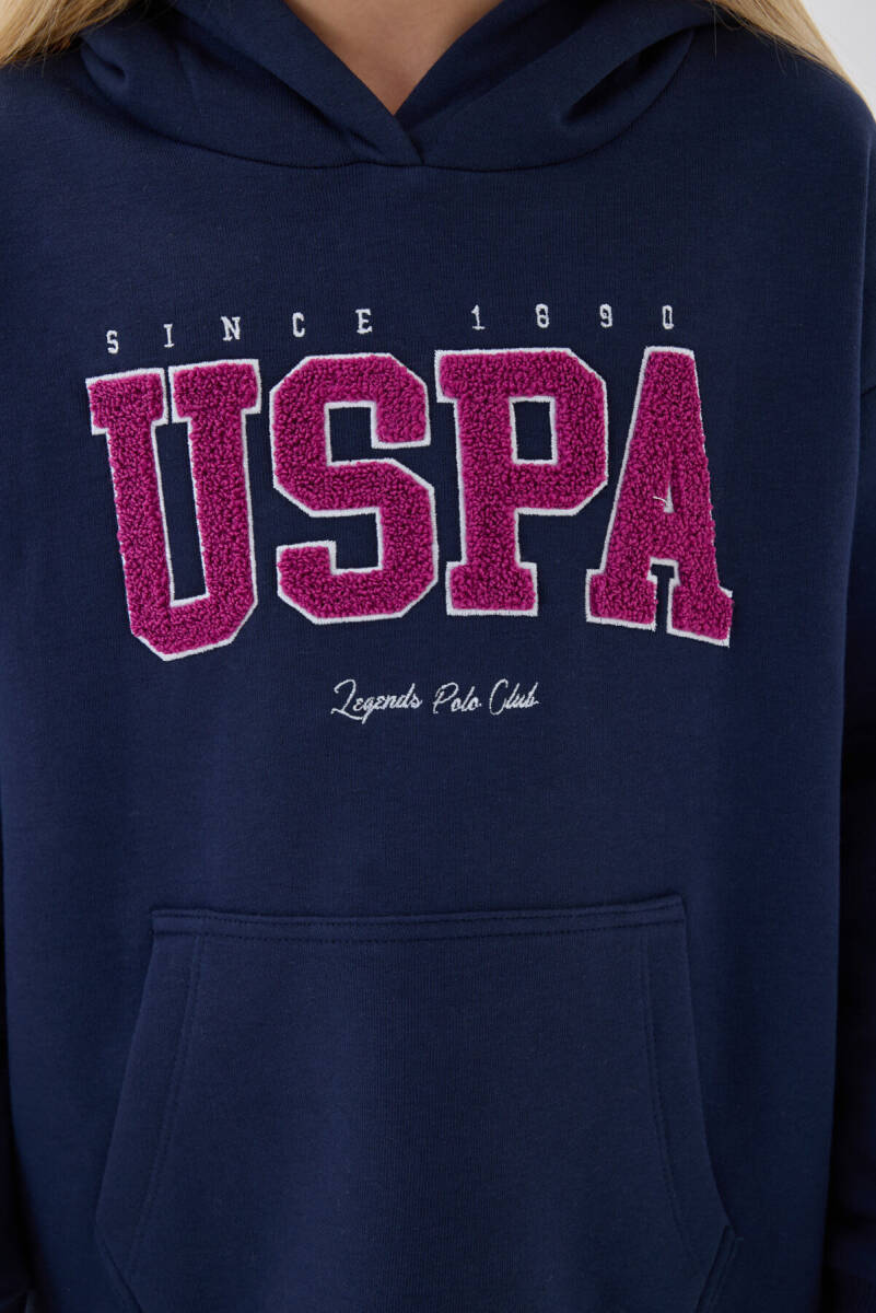 U.S. Polo Assn. Kız Çocuk Pamuklu Kapüşonlu Süzene Nakışlı Kışlık Regular Fit Mavi Eşofman Takımı US1601-C-V2 - 3