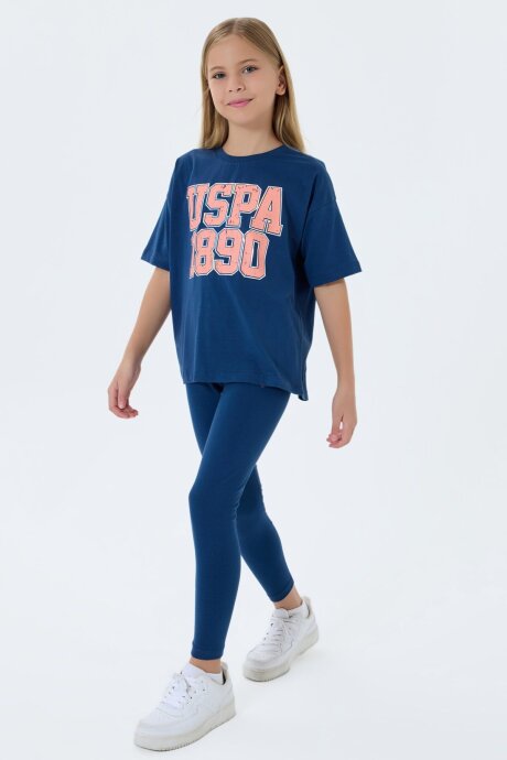 U.S. Polo Assn. Kız Çocuk Bisiklet Yaka Nakışlı Yazlık Relaxed Fit Lacivert Tayt Takım US2523-C-V2 (1)