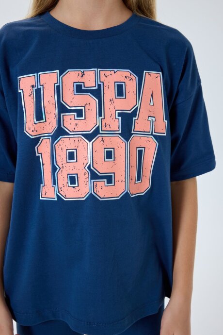 U.S. Polo Assn. Kız Çocuk Bisiklet Yaka Nakışlı Yazlık Relaxed Fit Lacivert Tayt Takım US2523-C-V2 - 3