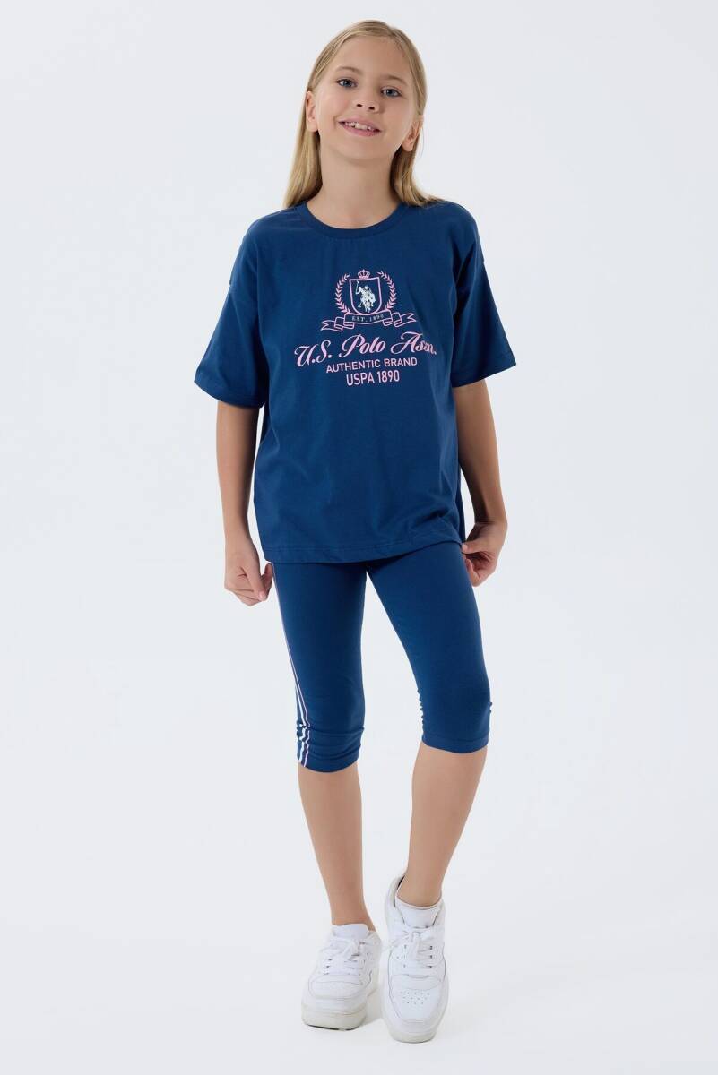 U.S. Polo Assn. Kız Çocuk Bisiklet Yaka Nakışlı Yazlık Relaxed Fit Lacivert Tayt Takım US2500-C-V1 - 2