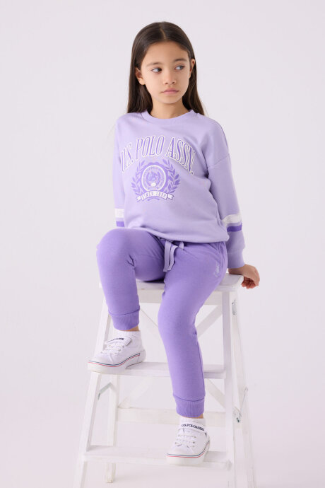 U.S. Polo Assn. Kız Çocuk Pamuklu Bisiklet Yaka Empirme Baskılı Kışlık Regular Fit Mor Eşofman Takımı US1991-C-V2