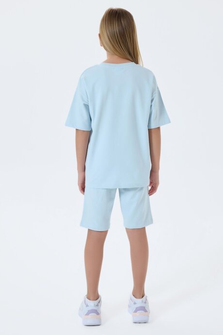 U.S. Polo Assn. Kız Çocuk %100 Pamuk Bisiklet Yaka Nakışlı Yazlık Regular Fit Mavi Bermuda Takım US2527-C-V3 - 4
