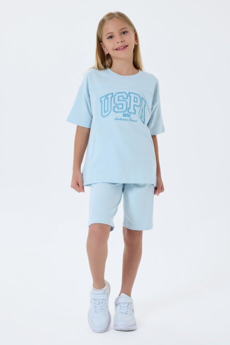 U.S. Polo Assn. Kız Çocuk %100 Pamuk Bisiklet Yaka Nakışlı Yazlık Regular Fit Mavi Bermuda Takım US2527-C-V3 - 5