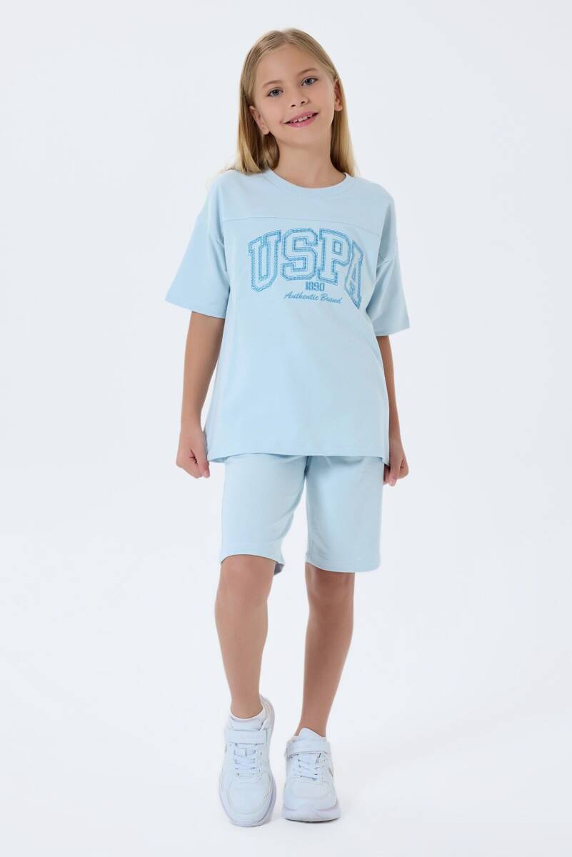U.S. Polo Assn. Kız Çocuk %100 Pamuk Bisiklet Yaka Nakışlı Yazlık Regular Fit Mavi Bermuda Takım US2527-C-V3 - 5
