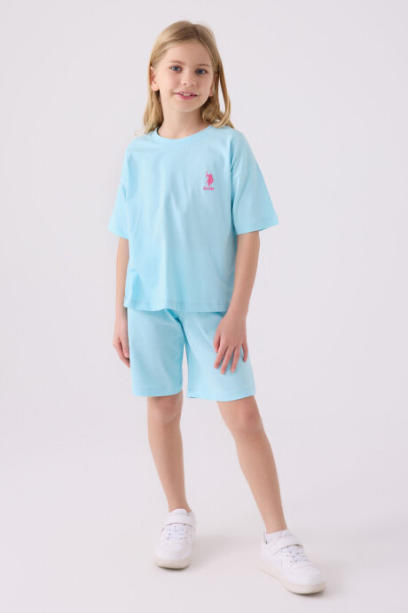 U.S. Polo Assn. Kız Çocuk Pamuklu Bisiklet Yaka Sargı Nakışlı Yazlık Regular Fit Mavi Bermuda Takım US1848-C-V4