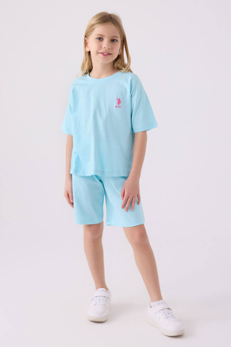 U.S. Polo Assn. Kız Çocuk Pamuklu Bisiklet Yaka Sargı Nakışlı Yazlık Regular Fit Mavi Bermuda Takım US1848-C-V4 - 1