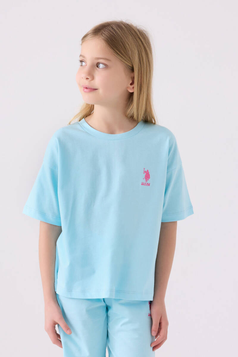 U.S. Polo Assn. Kız Çocuk Bisiklet Yaka Sargı Nakışlı Yazlık Regular Fit Mavi Bermuda Takım US1848-C-V4 - 2