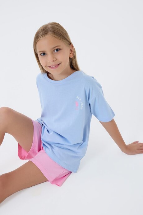 U.S. Polo Assn. Kız Çocuk Bisiklet Yaka Nakışlı Yazlık Regular Fit Mavi Şort Takım US2512-C-V1