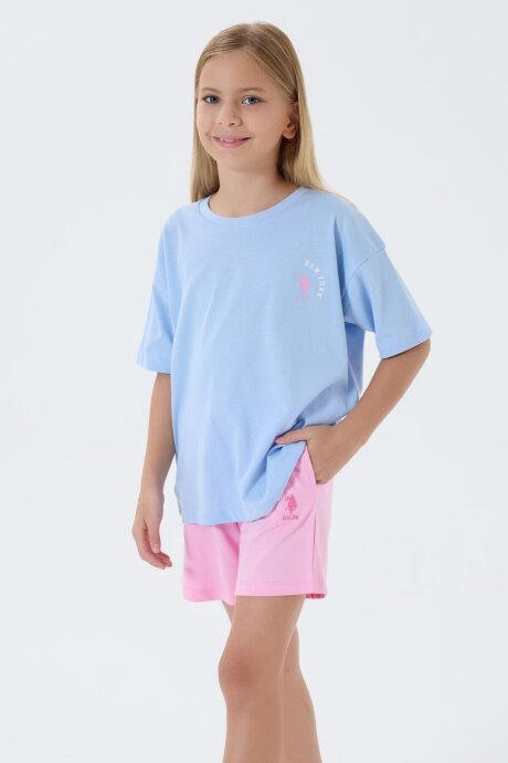 U.S. Polo Assn. Kız Çocuk Bisiklet Yaka Nakışlı Yazlık Regular Fit Mavi Şort Takım US2512-C-V1 (1)