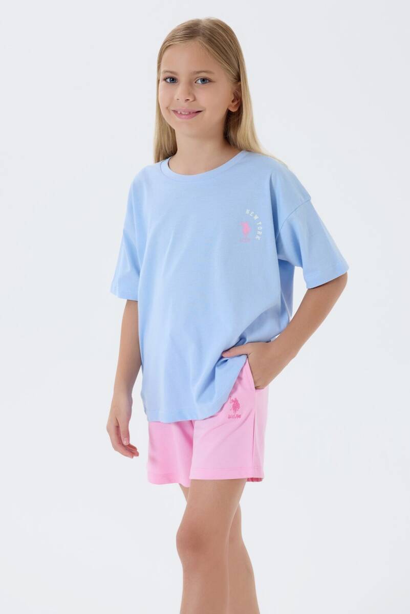 U.S. Polo Assn. Kız Çocuk %100 Pamuk Bisiklet Yaka Nakışlı Yazlık Regular Fit Mavi Şort Takım US2512-C-V1 - 2