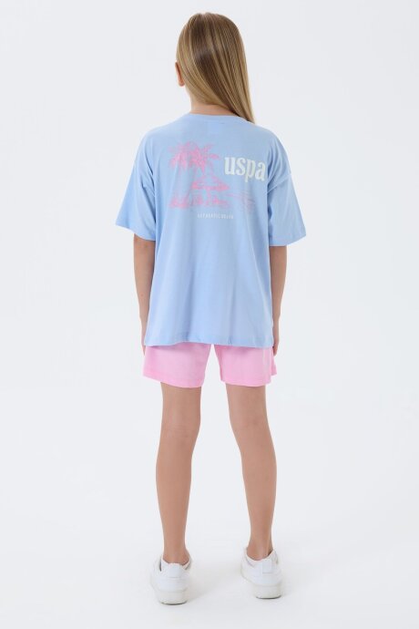 U.S. Polo Assn. Kız Çocuk %100 Pamuk Bisiklet Yaka Nakışlı Yazlık Regular Fit Mavi Şort Takım US2512-C-V1 - 4