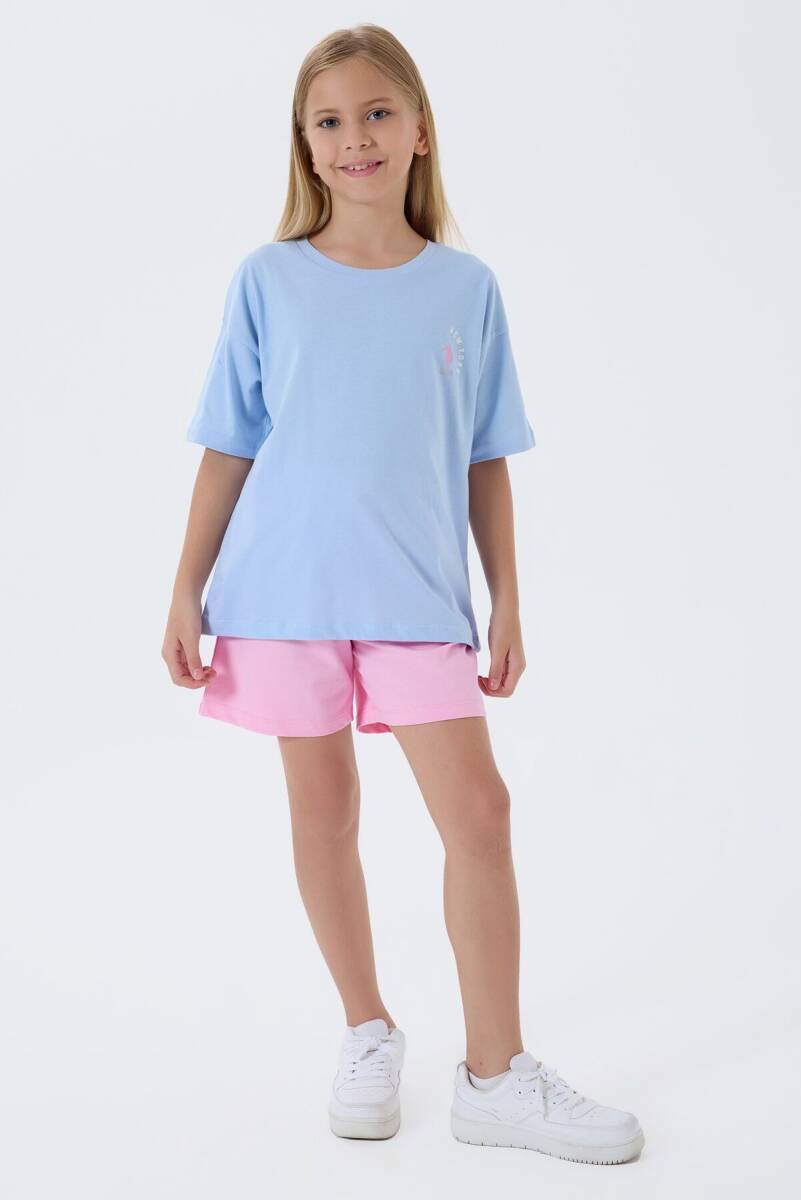 U.S. Polo Assn. Kız Çocuk %100 Pamuk Bisiklet Yaka Nakışlı Yazlık Regular Fit Mavi Şort Takım US2512-C-V1 - 5