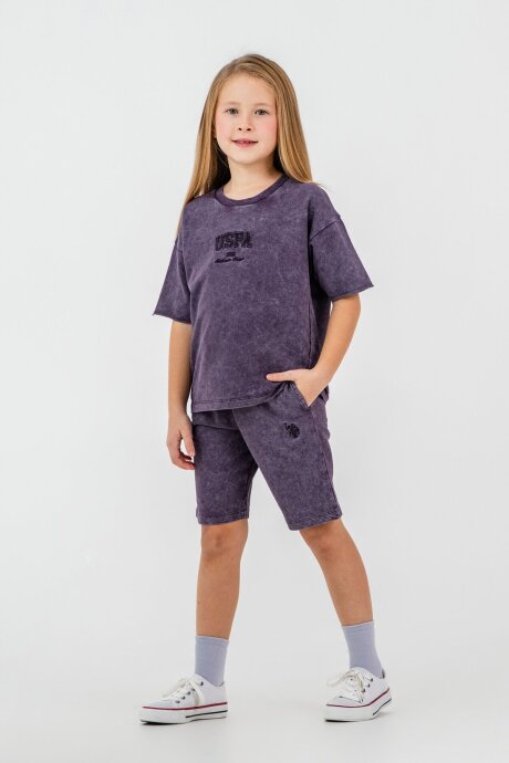 U.S. Polo Assn. Kız Çocuk %100 Pamuk Bisiklet Yaka Nakışlı Yazlık Regular Fit Mor Bermuda Takım US2530-C-V4 - 1