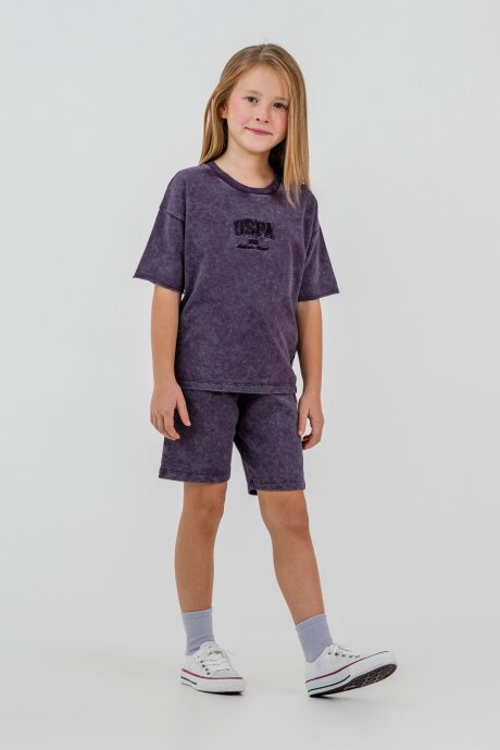 U.S. Polo Assn. Kız Çocuk %100 Pamuk Bisiklet Yaka Nakışlı Yazlık Regular Fit Mor Bermuda Takım US2530-C-V4 - 2