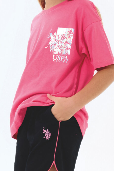 U.S. Polo Assn. Kız Çocuk Bisiklet Yaka Nakışlı Yazlık Regular Fit Pembe Şort Takım US2522-C-V1 (1)