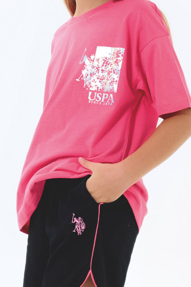 U.S. Polo Assn. Kız Çocuk %100 Pamuk Bisiklet Yaka Nakışlı Yazlık Regular Fit Pembe Şort Takım US2522-C-V1 - 2