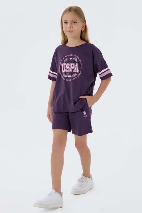 U.S. Polo Assn. Kız Çocuk Bisiklet Yaka Nakışlı Yazlık Regular Fit Mor Şort Takım US2501-C-V2 (1)
