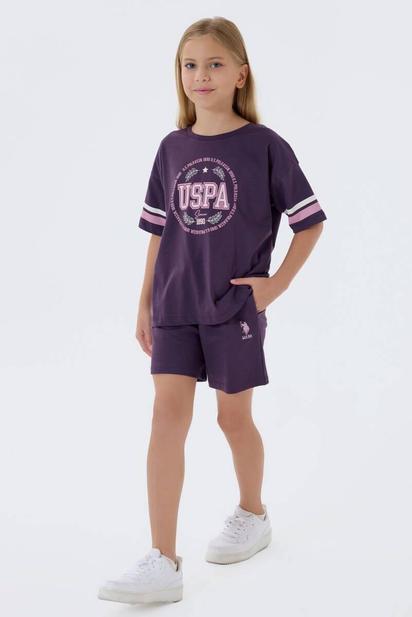 U.S. Polo Assn. Kız Çocuk %100 Pamuk Bisiklet Yaka Nakışlı Yazlık Regular Fit Mor Şort Takım US2501-C-V2 - 2