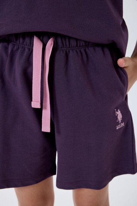 U.S. Polo Assn. Kız Çocuk %100 Pamuk Bisiklet Yaka Nakışlı Yazlık Regular Fit Mor Şort Takım US2501-C-V2 - 3