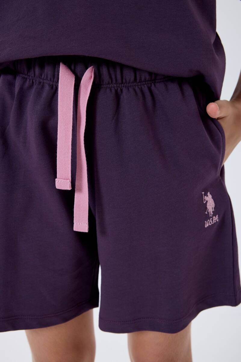 U.S. Polo Assn. Kız Çocuk %100 Pamuk Bisiklet Yaka Nakışlı Yazlık Regular Fit Mor Şort Takım US2501-C-V2 - 3