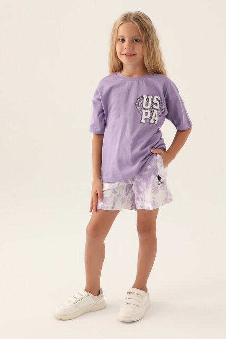 U.S. Polo Assn. Kız Çocuk Bisiklet Yaka Pigment Baskılı Yazlık Regular Fit Mor Şort Takım US1820-C-V2