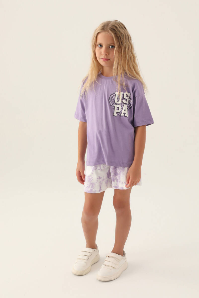 U.S. Polo Assn. Kız Çocuk Pamuklu Bisiklet Yaka Pigment Baskılı Yazlık Regular Fit Mor Şort Takım US1820-C-V2 - 3