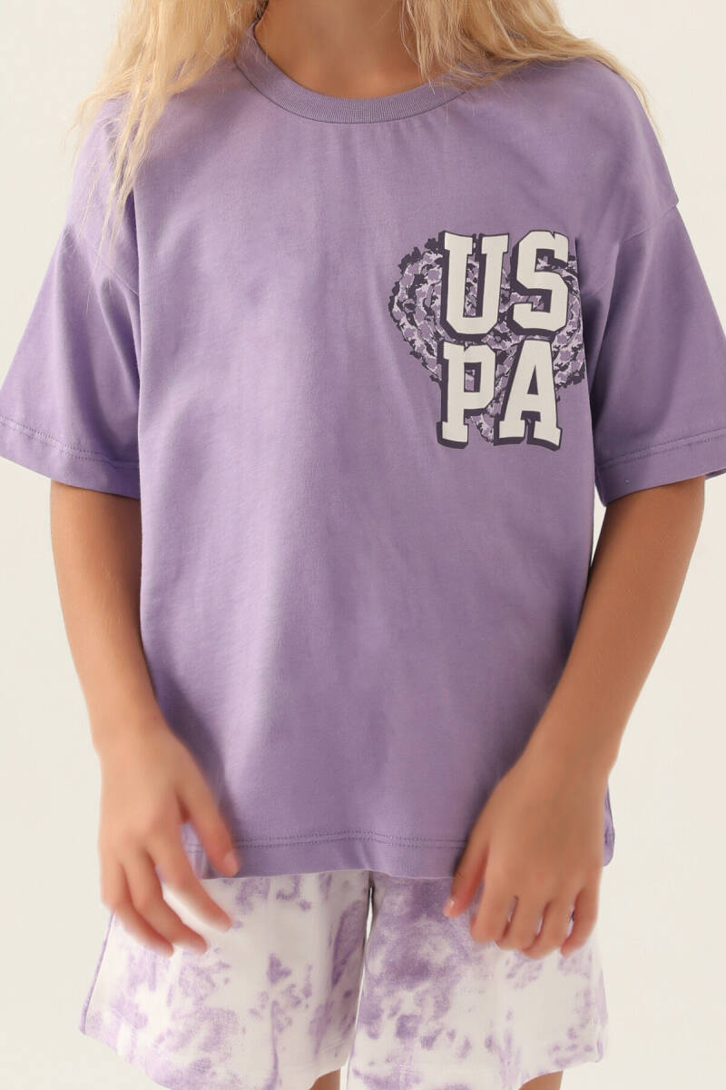 U.S. Polo Assn. Kız Çocuk Pamuklu Bisiklet Yaka Pigment Baskılı Yazlık Regular Fit Mor Şort Takım US1820-C-V2 - 4
