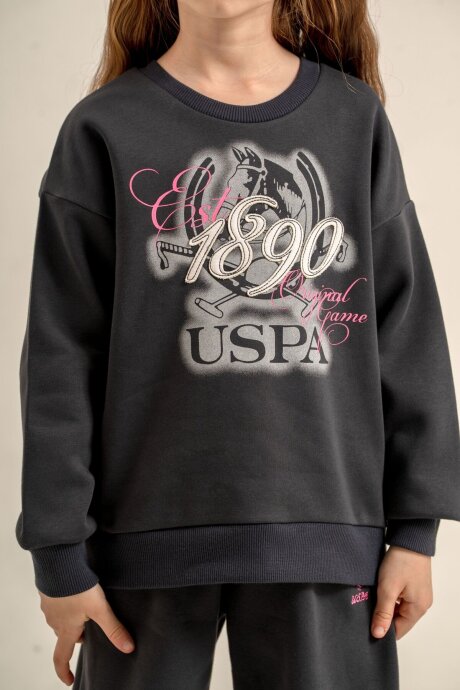 U.S. Polo Assn. Kız Çocuk Nakışlı Antrasit Uzun Kol Eşofman Takımı US2713-C-V2 - 3