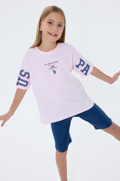 U.S. Polo Assn. Kız Çocuk Bisiklet Yaka Nakışlı Yazlık Regular Fit Pembe Bermuda Takım US2516-C-V1