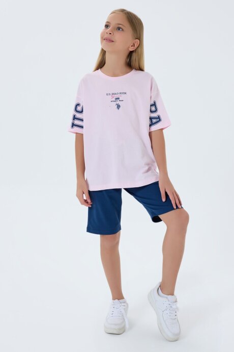 U.S. Polo Assn. Kız Çocuk Bisiklet Yaka Nakışlı Yazlık Regular Fit Pembe Bermuda Takım US2516-C-V1 (1)