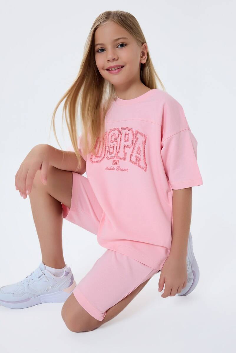 U.S. Polo Assn. Kız Çocuk %100 Pamuk Bisiklet Yaka Nakışlı Yazlık Regular Fit Pembe Bermuda Takım US2527-C-V1 - 1