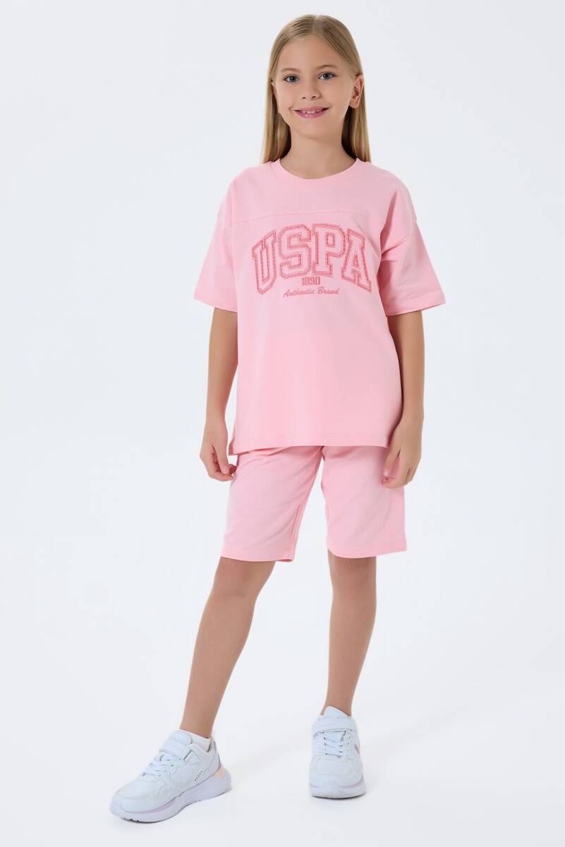 U.S. Polo Assn. Kız Çocuk %100 Pamuk Bisiklet Yaka Nakışlı Yazlık Regular Fit Pembe Bermuda Takım US2527-C-V1 - 2