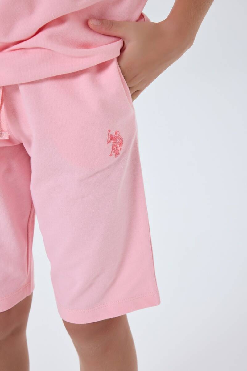 U.S. Polo Assn. Kız Çocuk %100 Pamuk Bisiklet Yaka Nakışlı Yazlık Regular Fit Pembe Bermuda Takım US2527-C-V1 - 3
