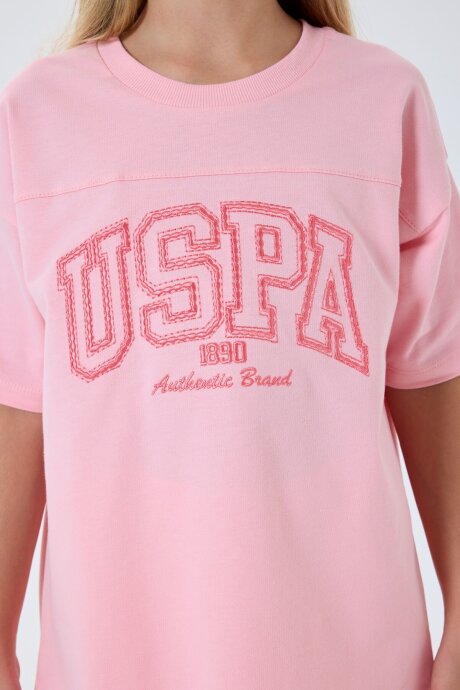 U.S. Polo Assn. Kız Çocuk %100 Pamuk Bisiklet Yaka Nakışlı Yazlık Regular Fit Pembe Bermuda Takım US2527-C-V1 - 5