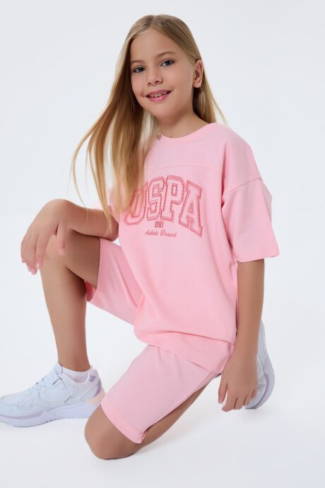 U.S. Polo Assn. Kız Çocuk Bisiklet Yaka Nakışlı Yazlık Regular Fit Pembe Bermuda Takım US2527-C-V1