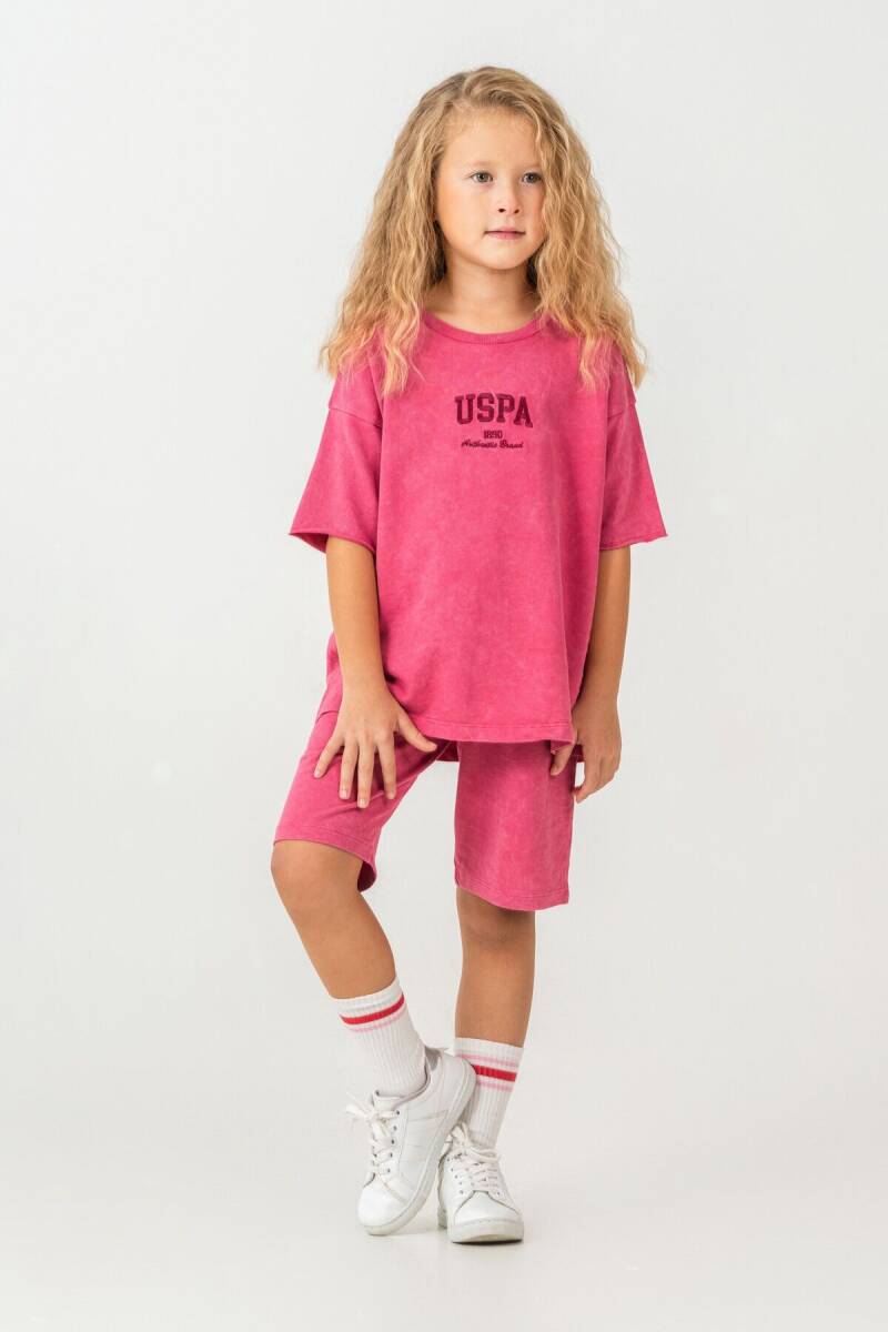 U.S. Polo Assn. Kız Çocuk %100 Pamuk Bisiklet Yaka Nakışlı Yazlık Regular Fit Pembe Bermuda Takım US2530-C-V2 - 1