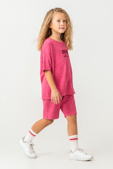 U.S. Polo Assn. Kız Çocuk %100 Pamuk Bisiklet Yaka Nakışlı Yazlık Regular Fit Pembe Bermuda Takım US2530-C-V2 - 2