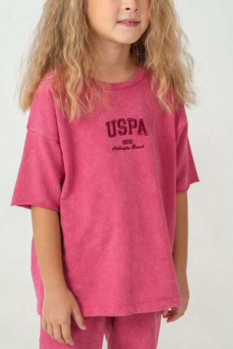 U.S. Polo Assn. Kız Çocuk %100 Pamuk Bisiklet Yaka Nakışlı Yazlık Regular Fit Pembe Bermuda Takım US2530-C-V2 - 3