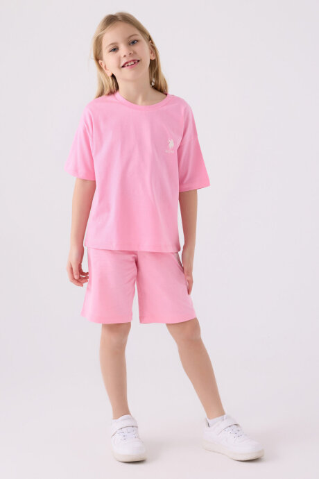 U.S. Polo Assn. Kız Çocuk Pamuklu Bisiklet Yaka Sargı Nakışlı Yazlık Regular Fit Pembe Bermuda Takım US1848-C-V21 - 1