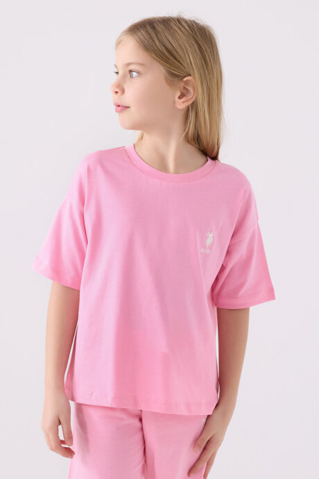 U.S. Polo Assn. Kız Çocuk Bisiklet Yaka Sargı Nakışlı Yazlık Regular Fit Pembe Bermuda Takım US1848-C-V21 - 2
