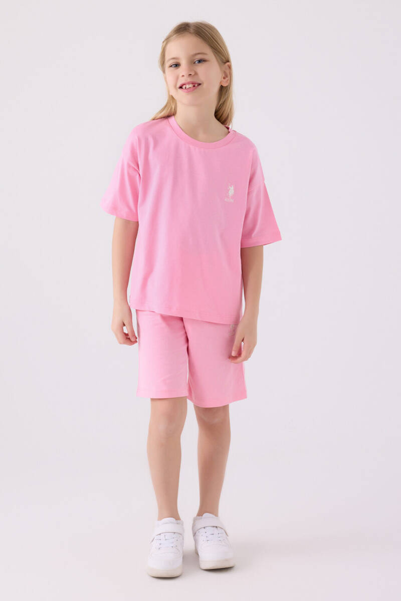 U.S. Polo Assn. Kız Çocuk Bisiklet Yaka Sargı Nakışlı Yazlık Regular Fit Pembe Bermuda Takım US1848-C-V21 - 3